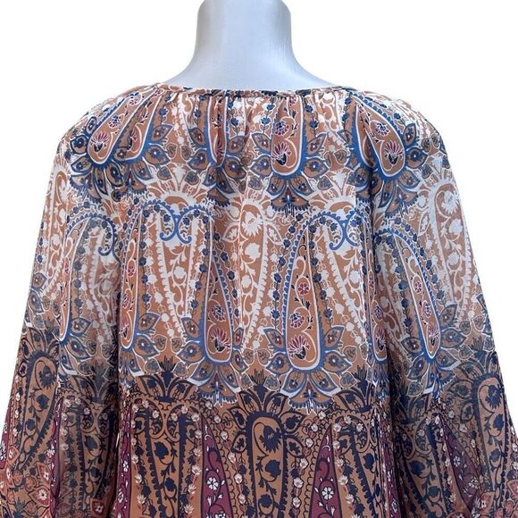 Sara Michelle Peasant Blouse Women's Petite L Neutral Paisley Keyhole 3/4 Sleeve - Picture 7 of 14